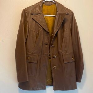 Vintage Brown 70s leather with gold button detail working pockets jacket